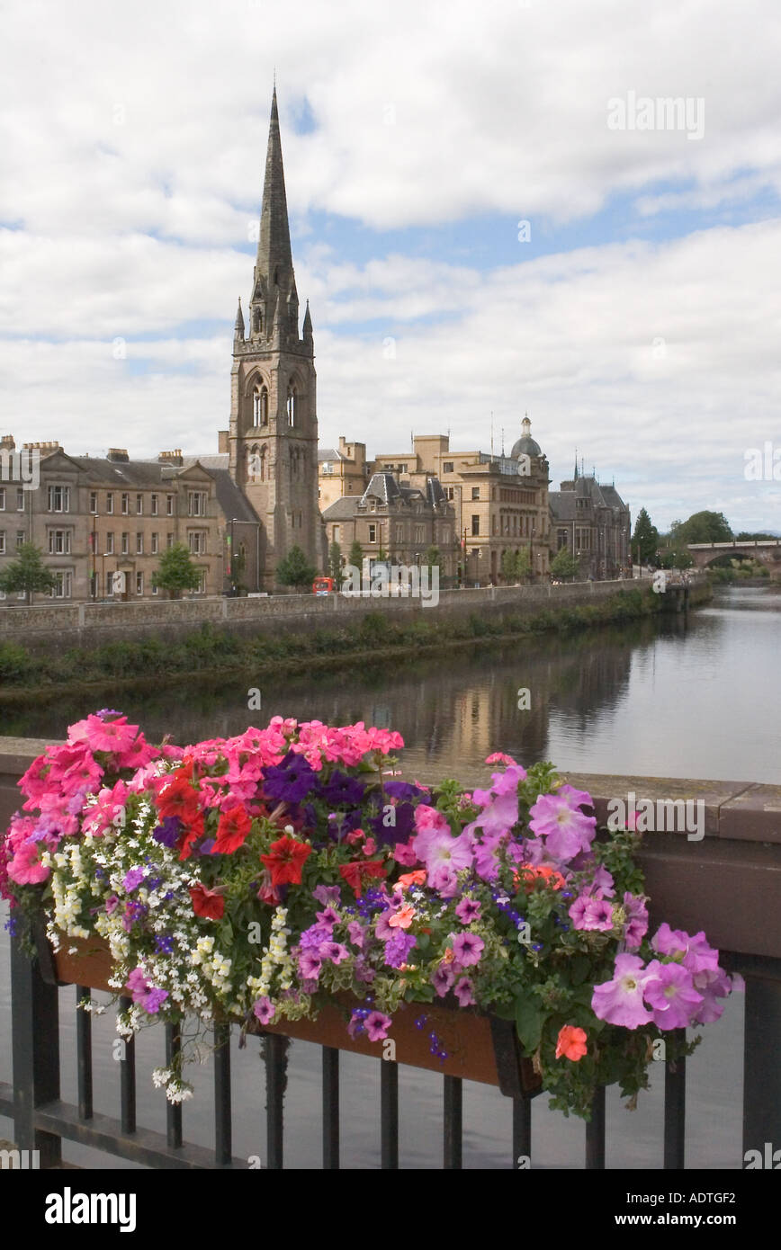 Perth view across River Tay at Perth to church with summer flower ...