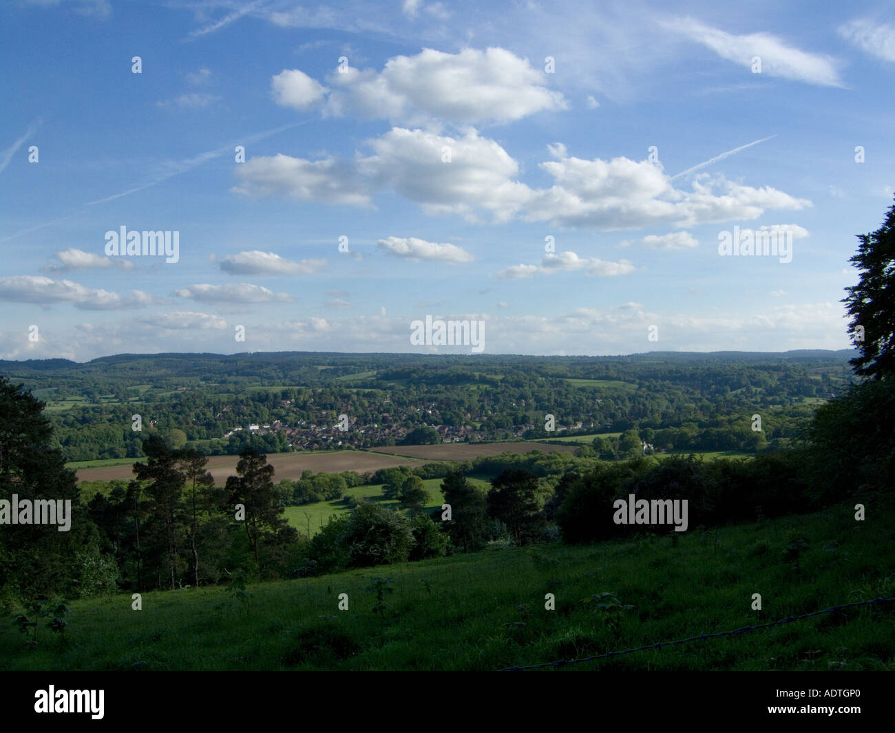 view from ranmore common across wescott village to the north downs Stock Photo