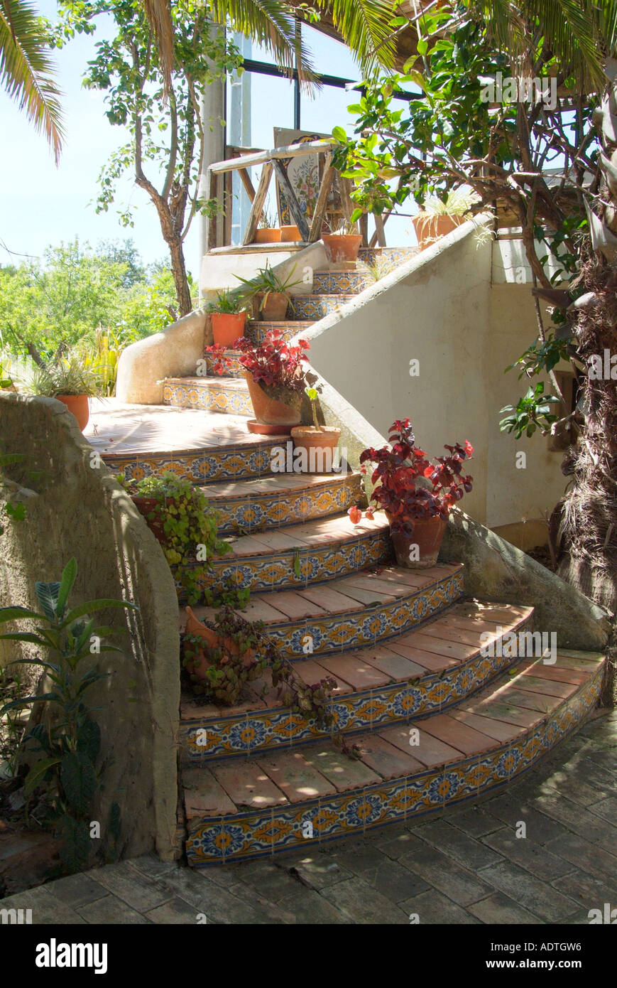 Ceramic glazed tile entrance stair apartment white background Portugal
