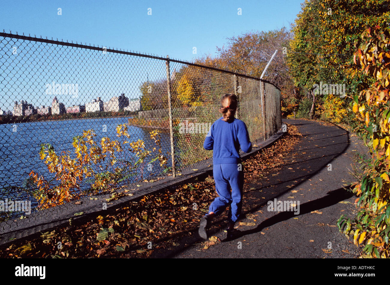 Jacqueline Kennedy Onassis Reservoir in the autumn New York City. Young ...