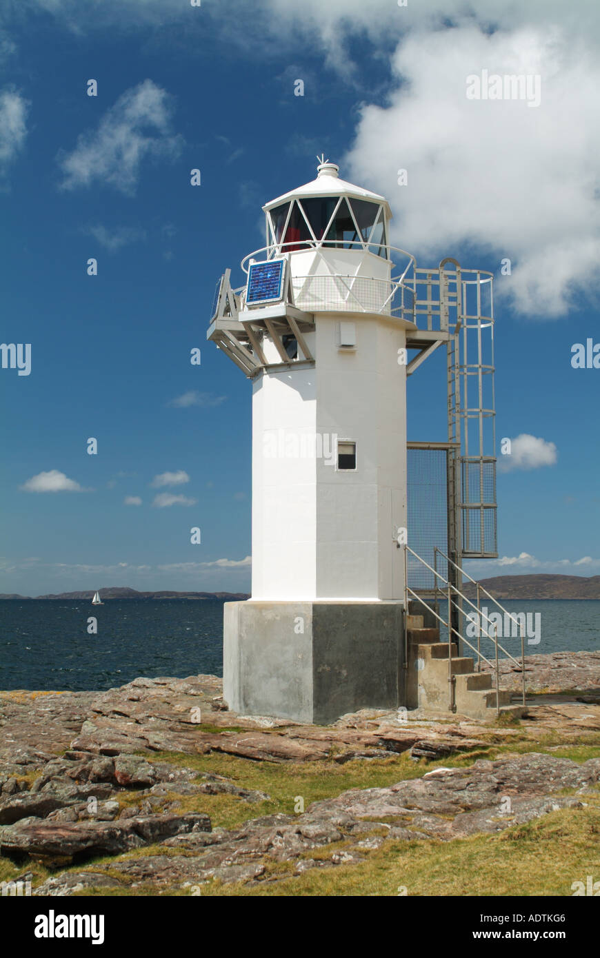 Rhue lighthouse, Rubha Cadail, Ullapool, Wester Ross, Scotland, UK. Stock Photo