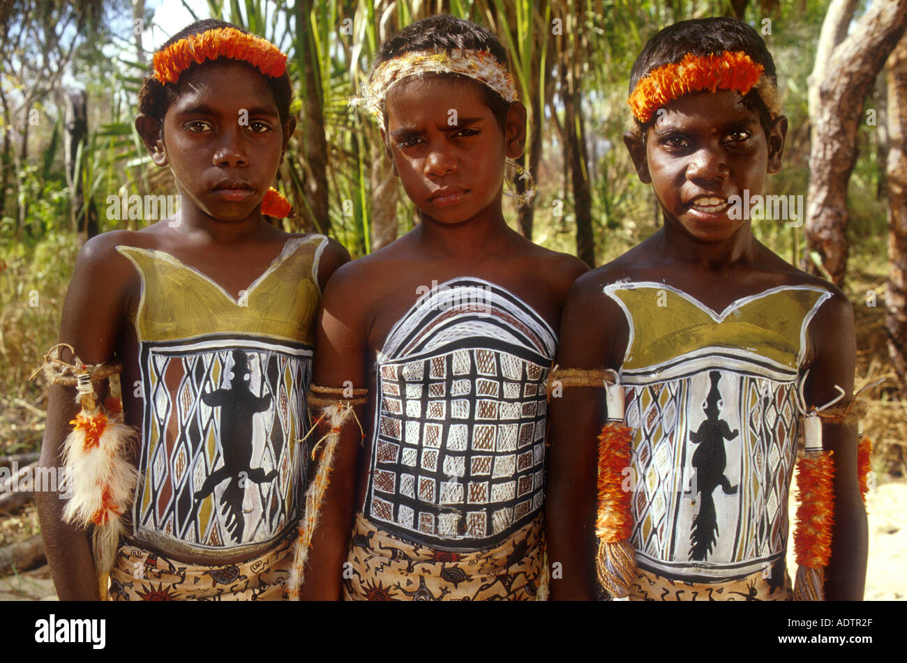 Yolngu Boy movie three young aboriginal boys each painted with their sacred dreaming for their initiation ceremony into manhood Stock Photo