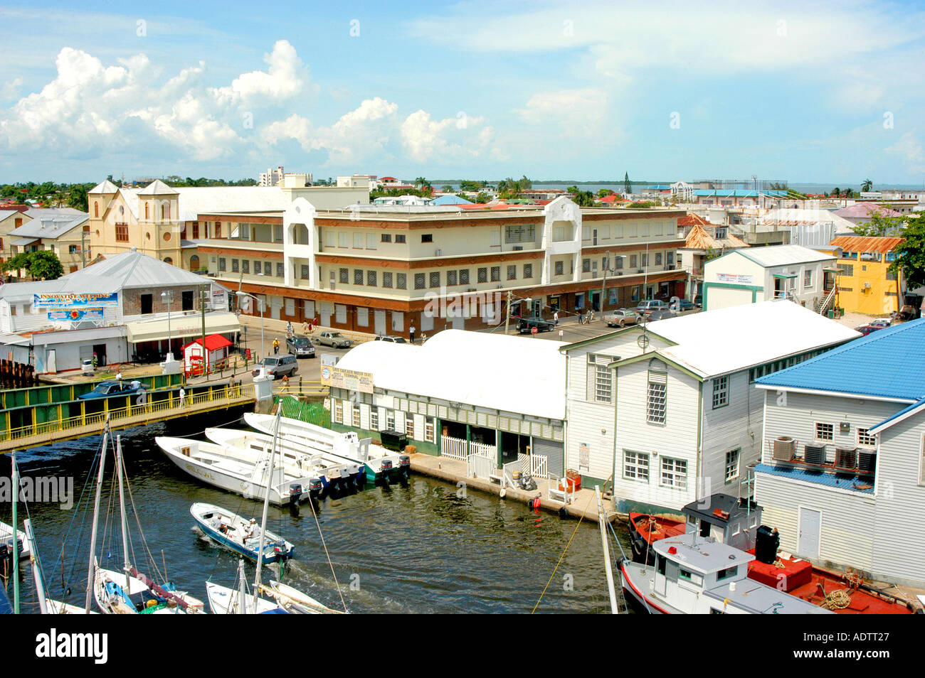 downtown belize city with world famous swing bridge in lower left side Stock Photo