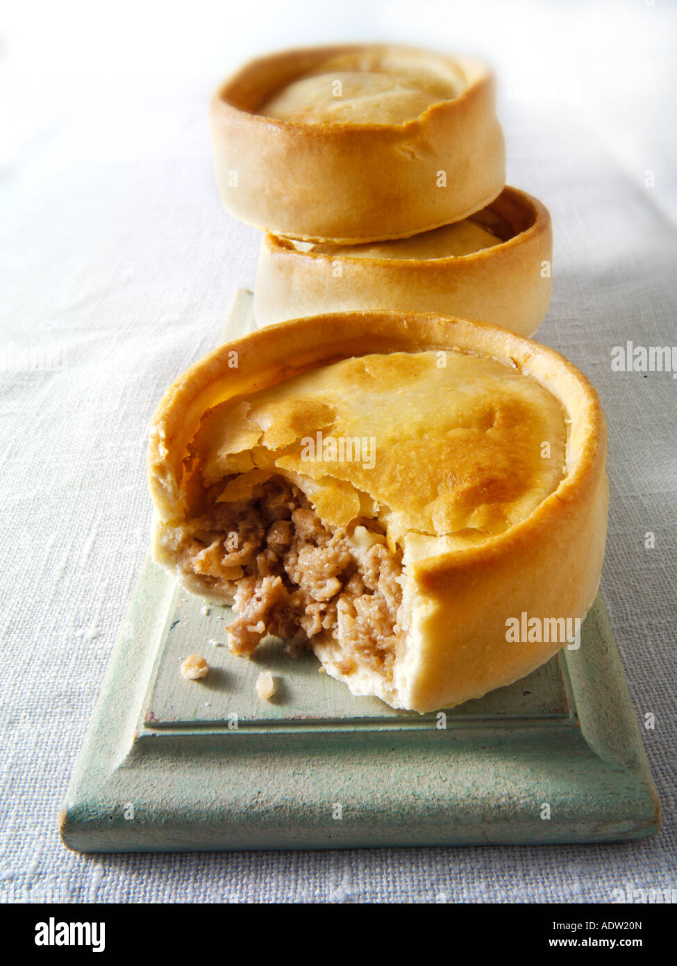 Scotch pies One open to show filling Stock Photo