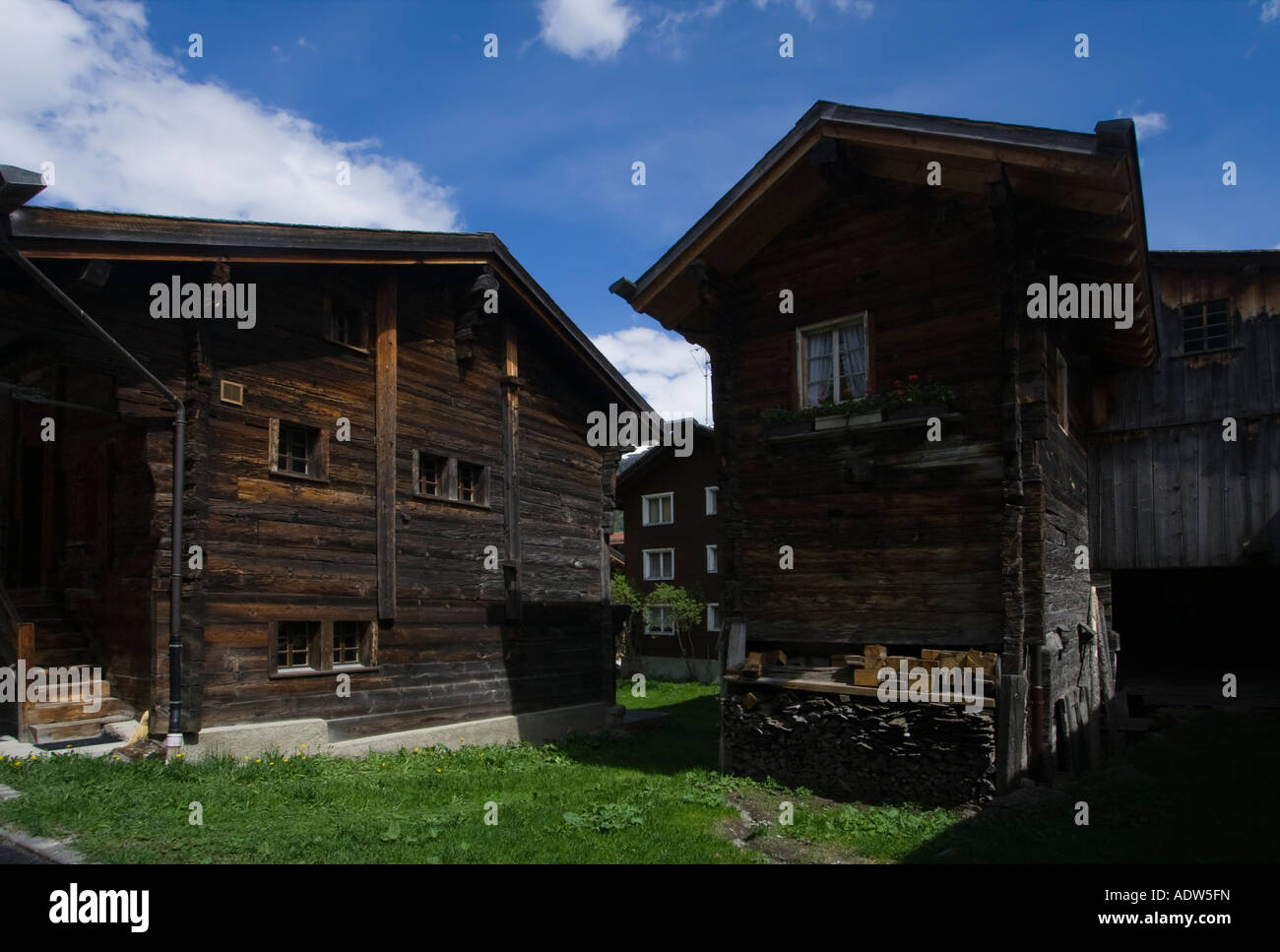 Wooden Heritage Houses of Ulrichen, Goms valley, upper Wallis, Switzerland Stock Photo