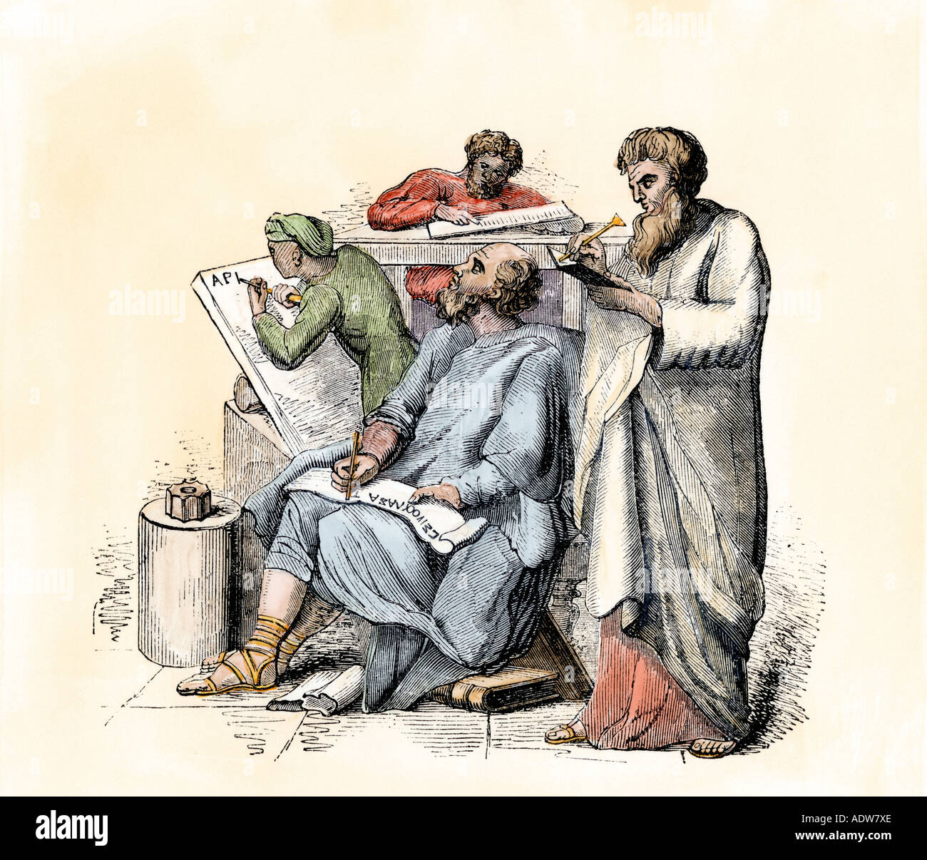 Scribes using the stylus and other means of writing in ancient times. Hand-colored woodcut Stock Photo