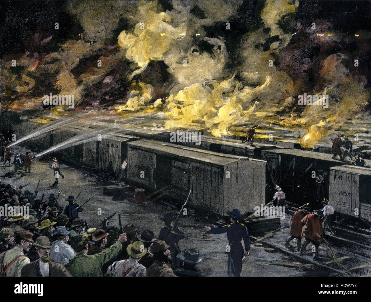 Rioters burning 600 freight cars during the Pullman Strike near Chicago 1894. Hand-colored woodcut Stock Photo