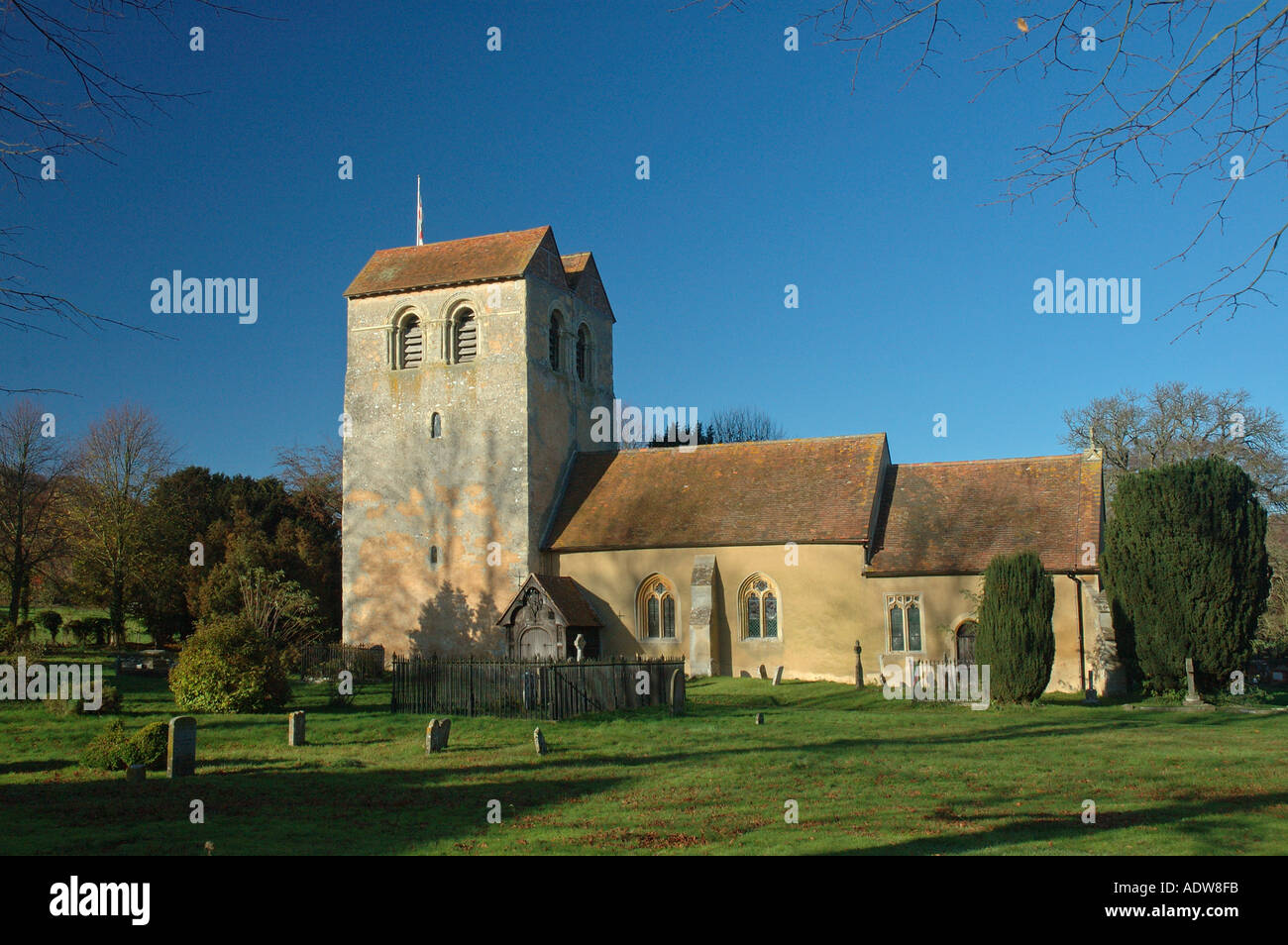 12th Century Pure Norman Church tower St Bartholomew Fingest Buckinghamshire United Kingdom Stock Photo