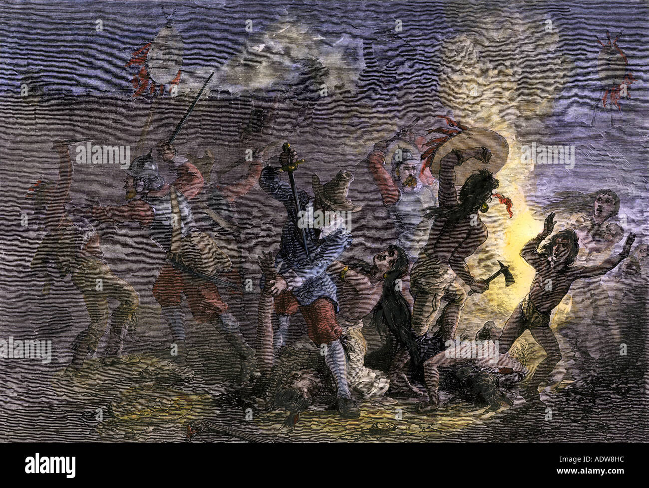 Destruction of the Pequot Indians by colonial forces in New England 1637. Hand-colored woodcut Stock Photo