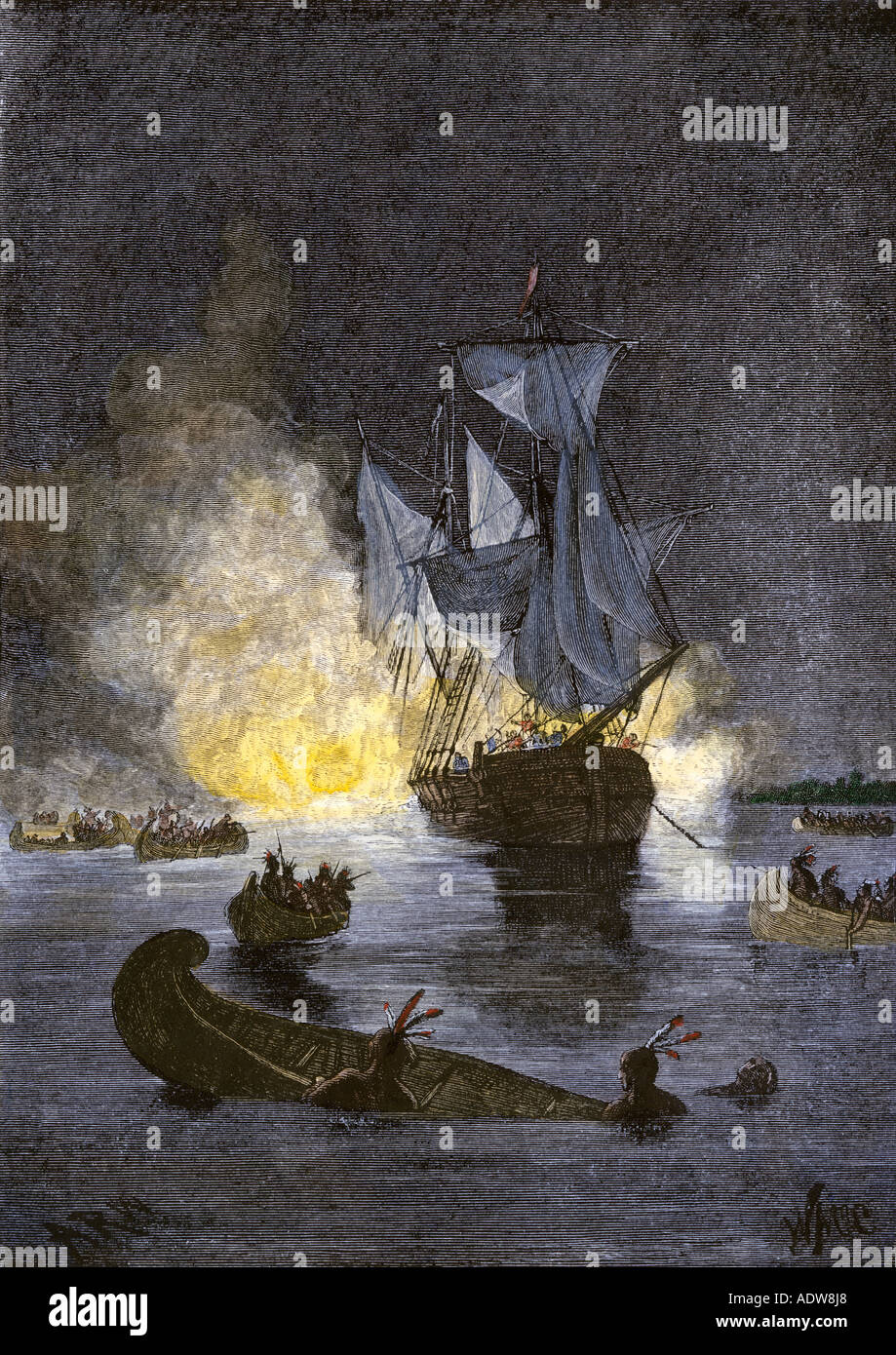Native Americans burning a schooner in the Detroit River during Pontiacs War 1763 to 1764. Hand-colored woodcut Stock Photo