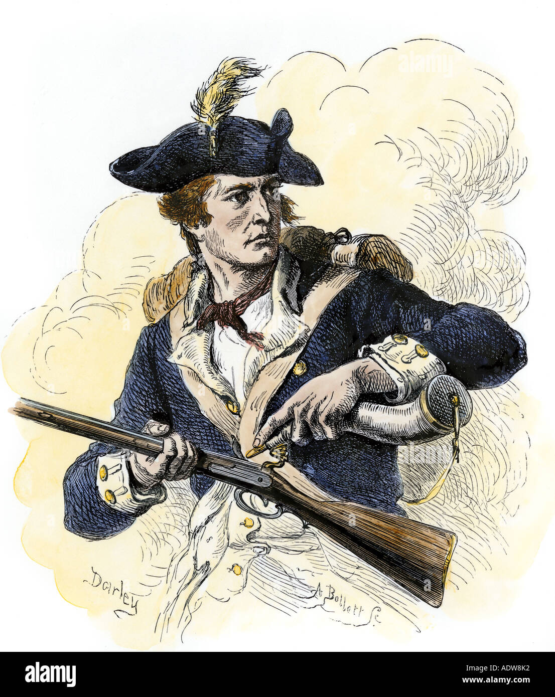 Continental soldier loading his flintlock musket in the American Revolution. Hand-colored woodcut of a Darley illustration Stock Photo