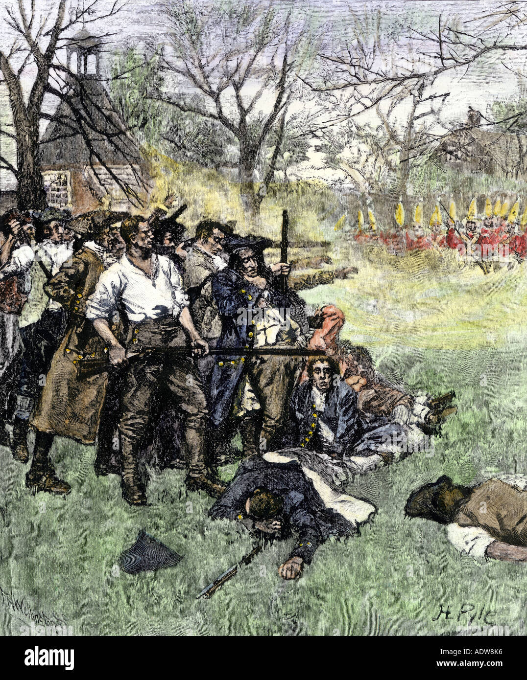 If they want a war let it begin here, saying of the Minutemen at Lexington Green April 1775. Hand-colored woodcut of a Howard Pyle illustration Stock Photo