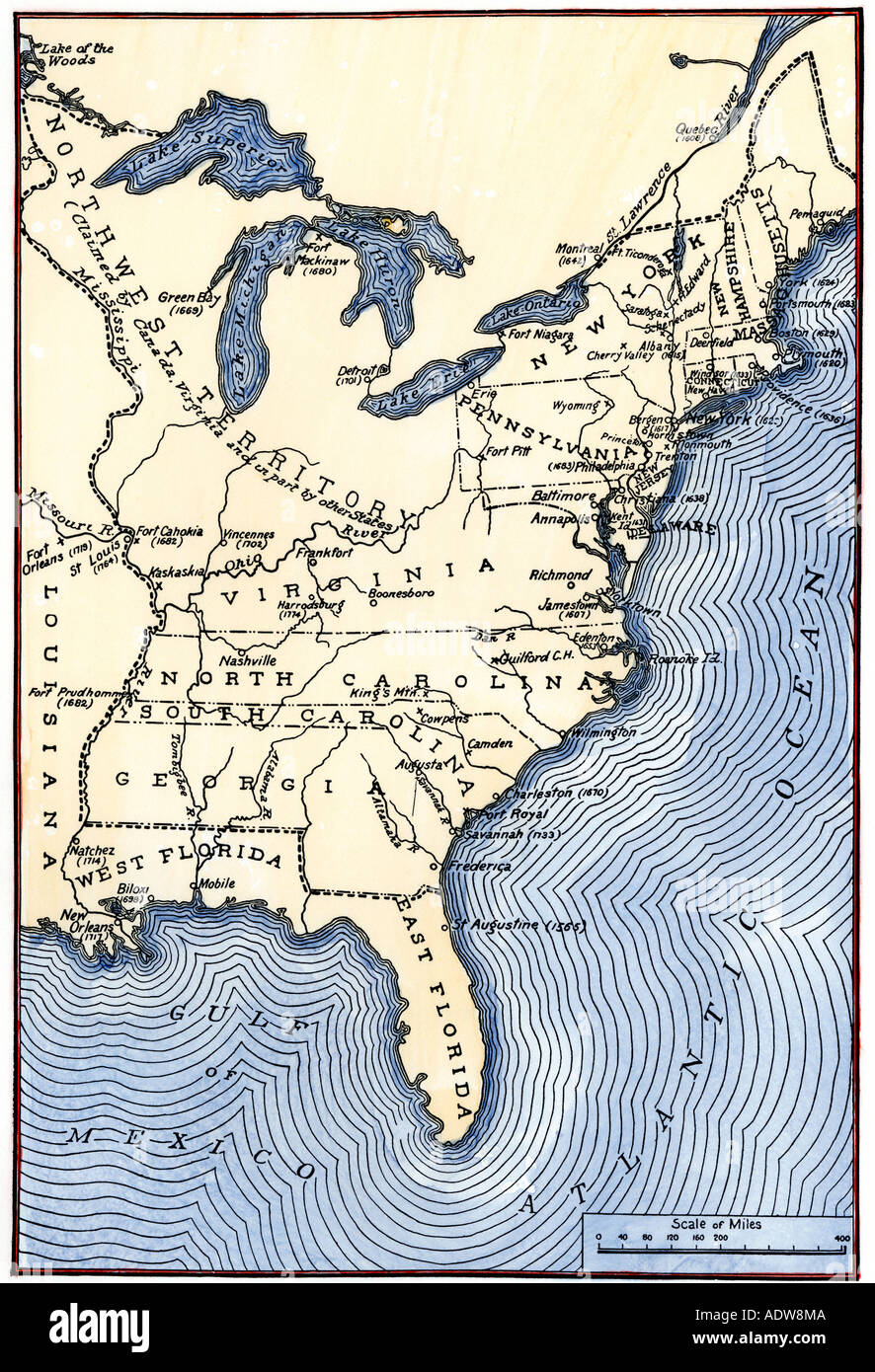 Map showing the thirteen colonies which joined together as the original thirteen states in 1776. Hand-colored woodcut Stock Photo