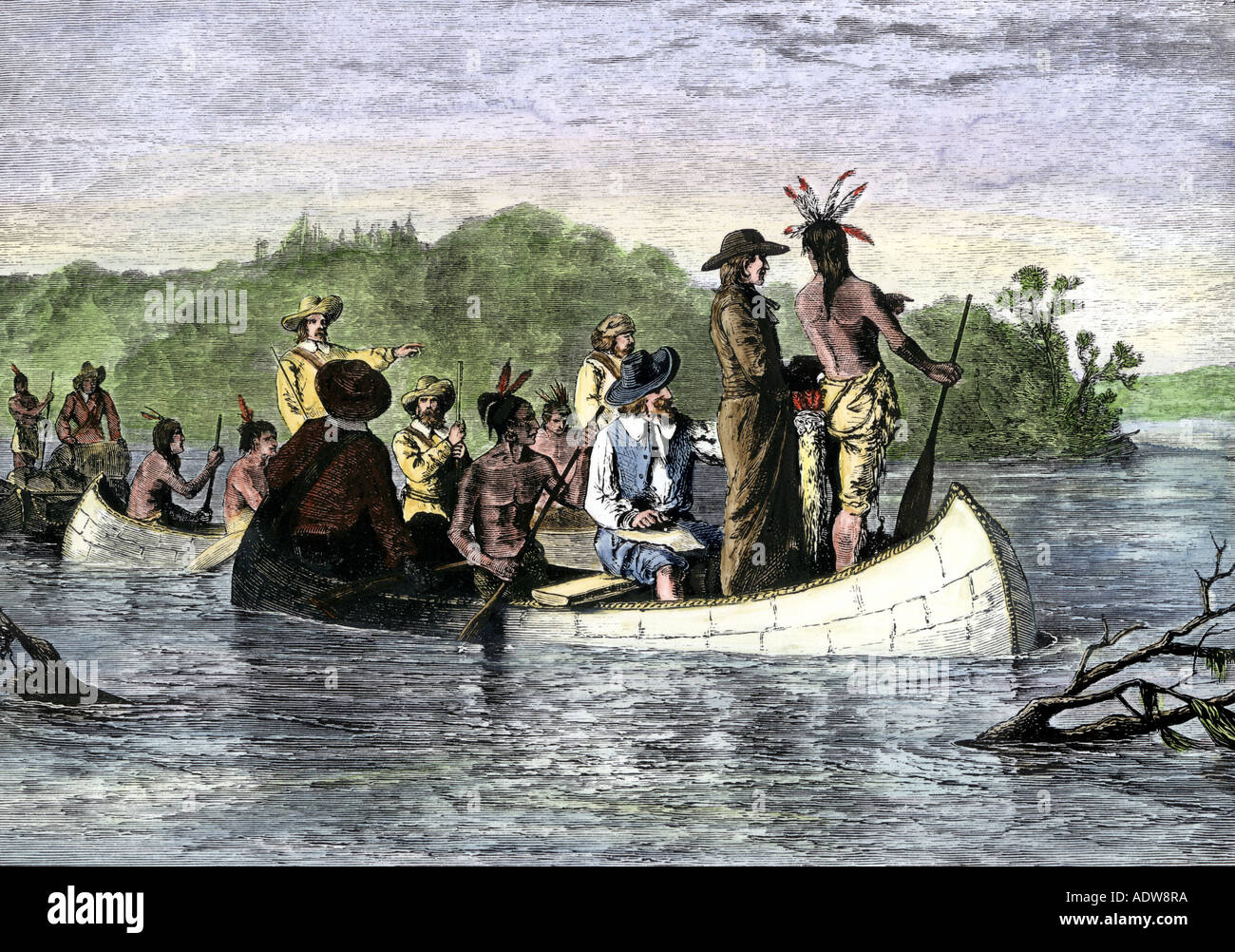 Jacques Marquette and Louis Joliet the first white men on the upper Mississippi River 1673. Hand-colored woodcut Stock Photo