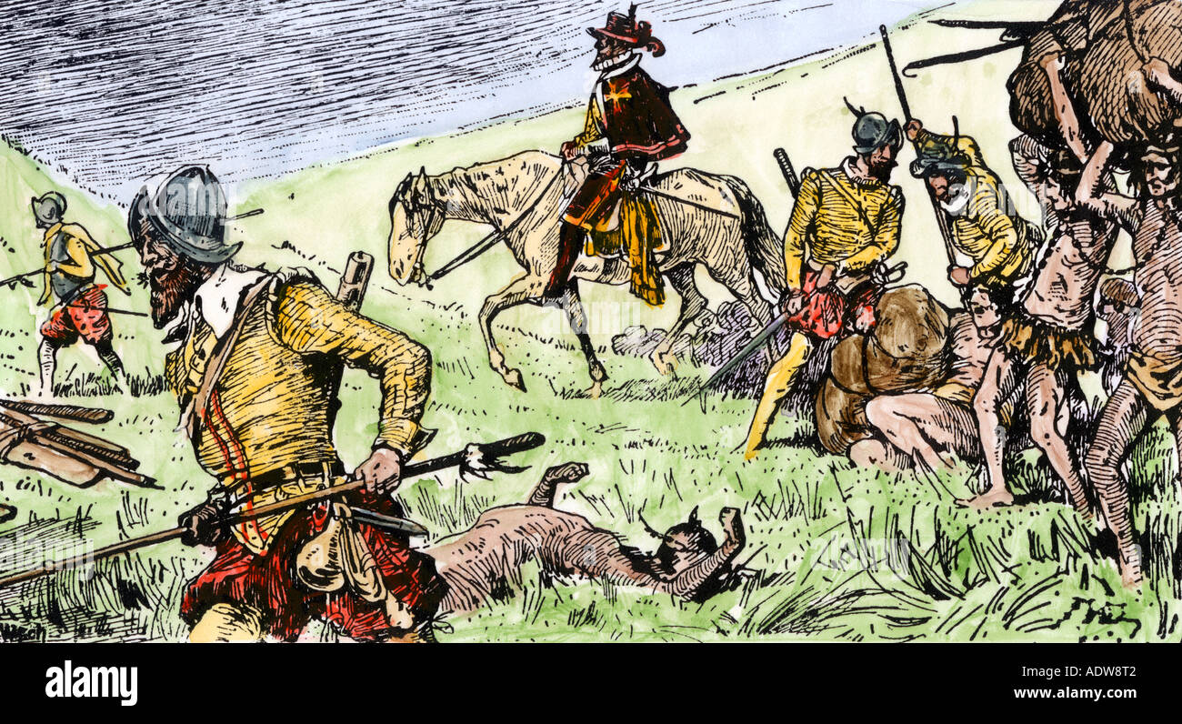 Spanish conquistadors using Native American captives to carry burdens. Hand-colored woodcut Stock Photo