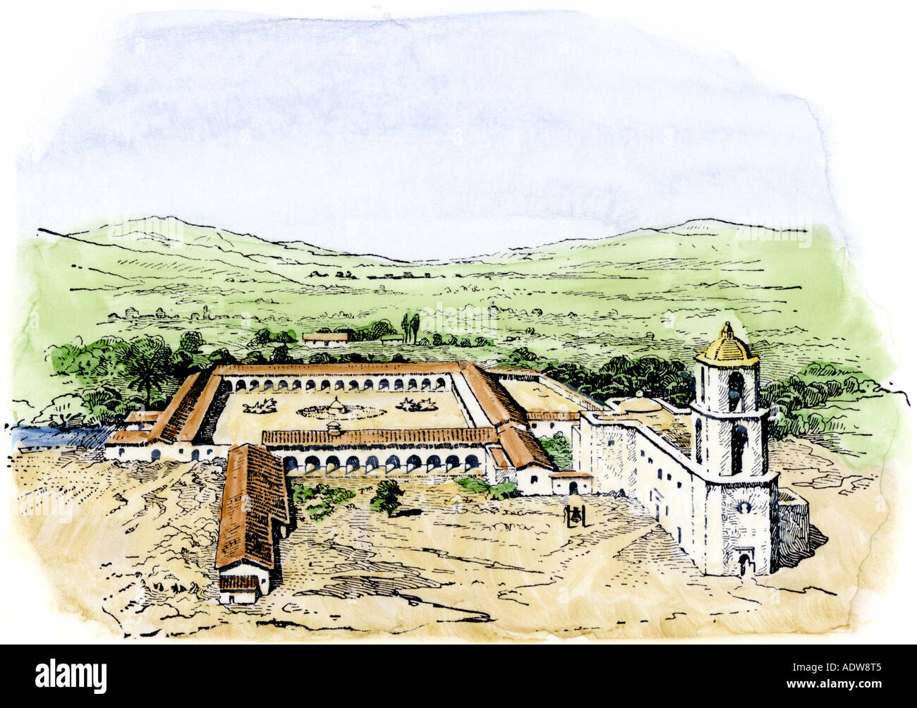 Typical arrangement of a colonial Spanish mission settlement in North America. Hand-colored woodcut Stock Photo