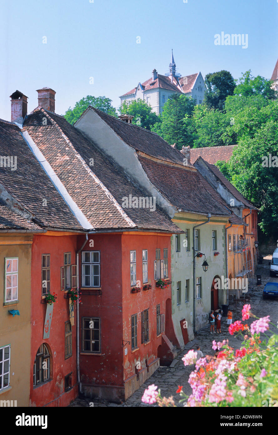 Sighisoara Segesvar street looking towards the Church on the hill. The bith town of Count Dracula,  Transylvania Romania Stock Photo