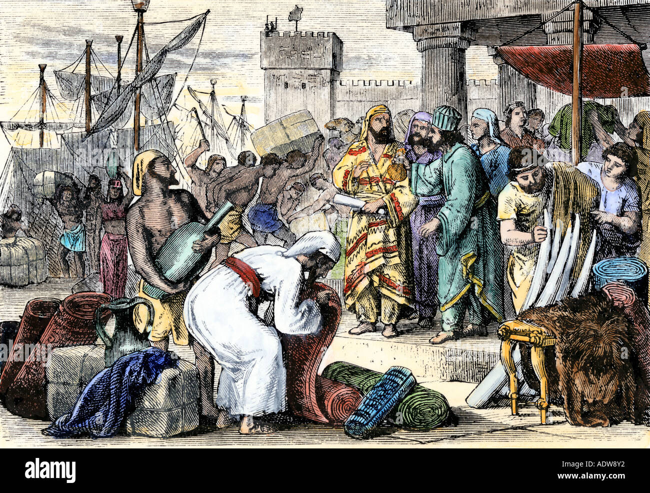 Ancient Phoenician sailors trading goods in a Mediterranean seaport. Hand-colored woodcut Stock Photo
