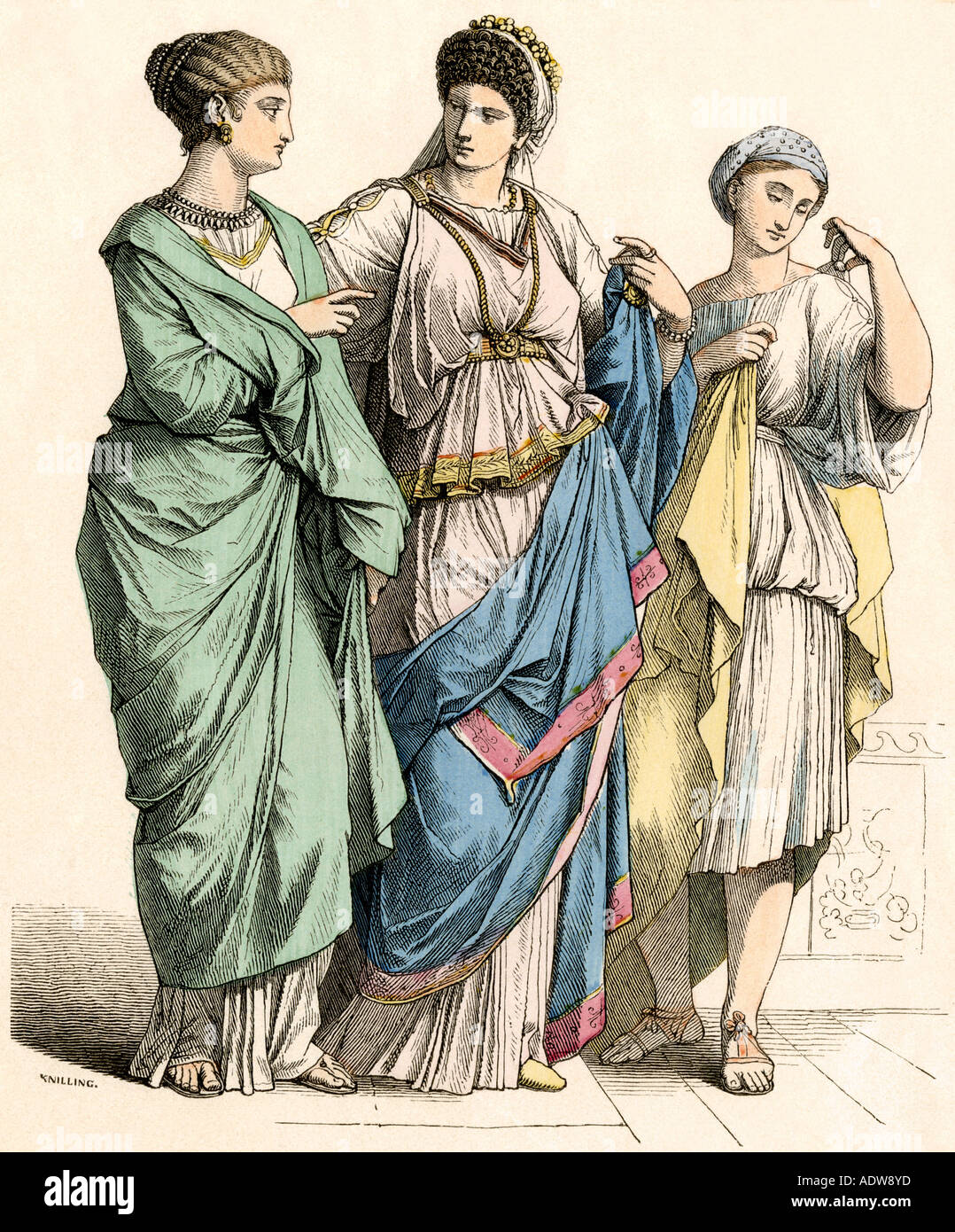 Ladies and their slave girl in ancient Rome. Hand-colored print Stock Photo