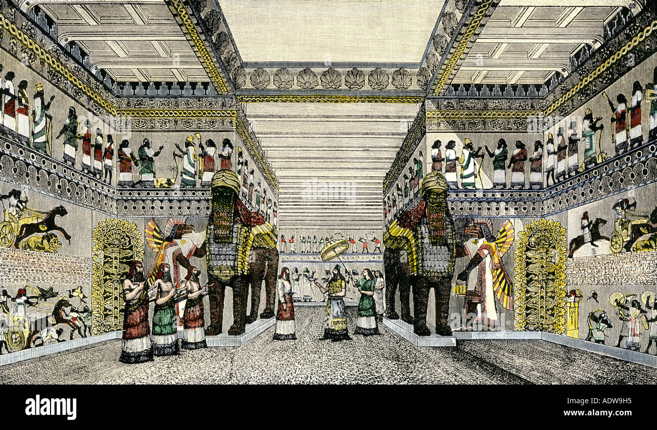 Reception hall of an Assyrian royal palace in ancient Mesopotamia. Hand-colored woodcut Stock Photo