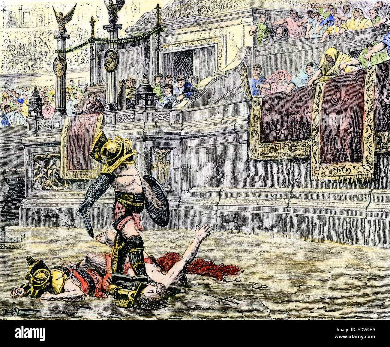 Gladiator claiming victory after combat in an arena of ancient Rome. Hand-colored woodcut Stock Photo