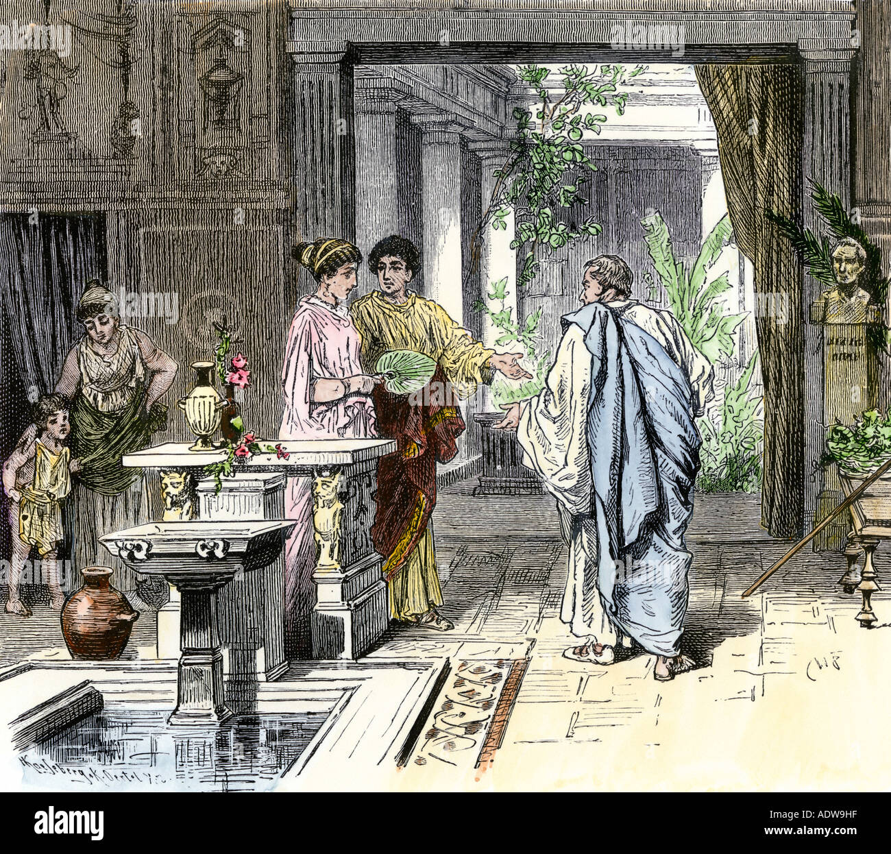 Well to do family consulting their house philosopher in ancient Rome. Hand-colored woodcut Stock Photo