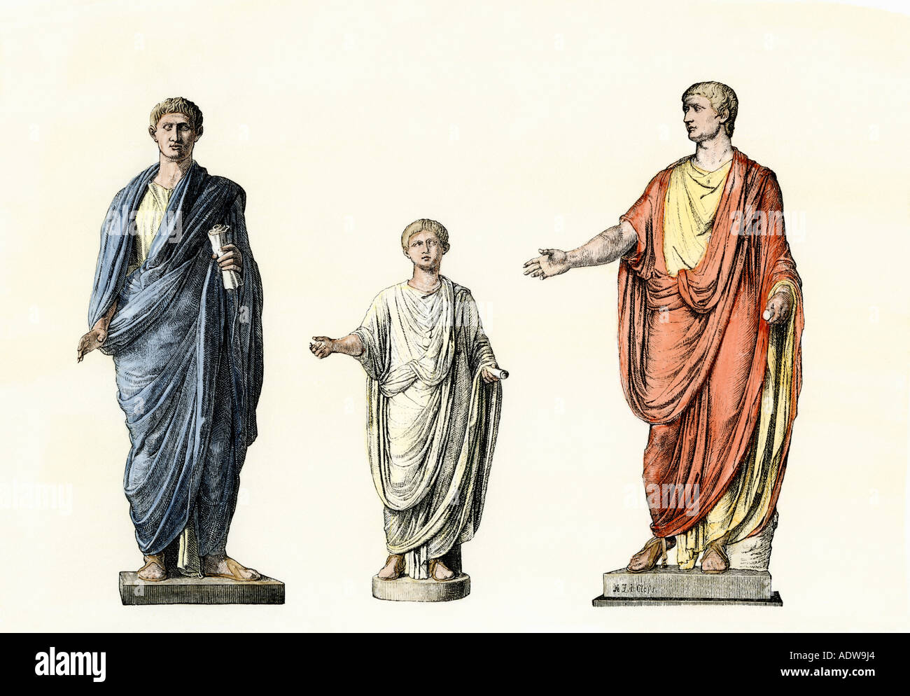 Romans dressed in the toga. Hand-colored woodcut Stock Photo