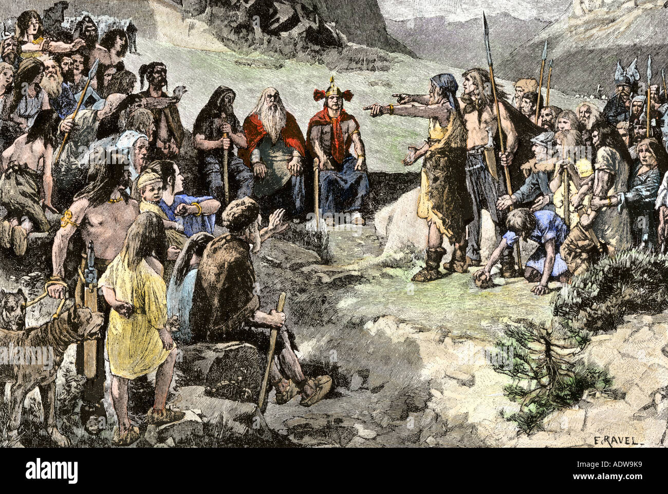 Ancient Helvetians planning their migration into Switzerland Stock