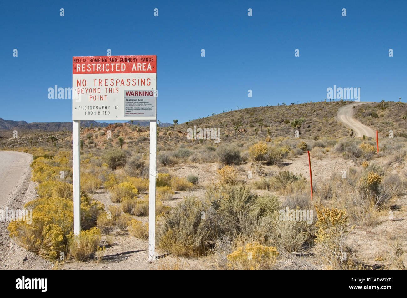 Nevada Extraterrestrial Highway Groom Lake Road entrance to Nellis Bombing and Gunnery Range Area 51 No Trespassing sign Stock Photo