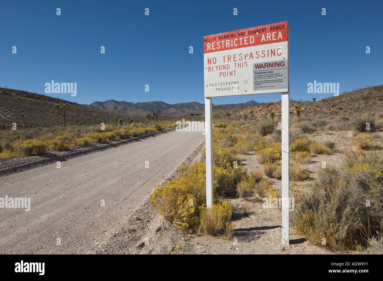 Nevada Extraterrestrial Highway Groom Lake Road entrance to Nellis Bombing and Gunnery Range Area 51 No Trespassing sign Stock Photo