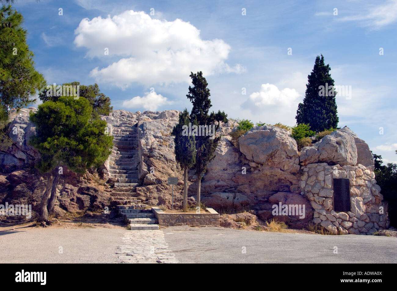 Mars Hill or the Areopagus near the Acropolis in Athens Greece Stock Photo