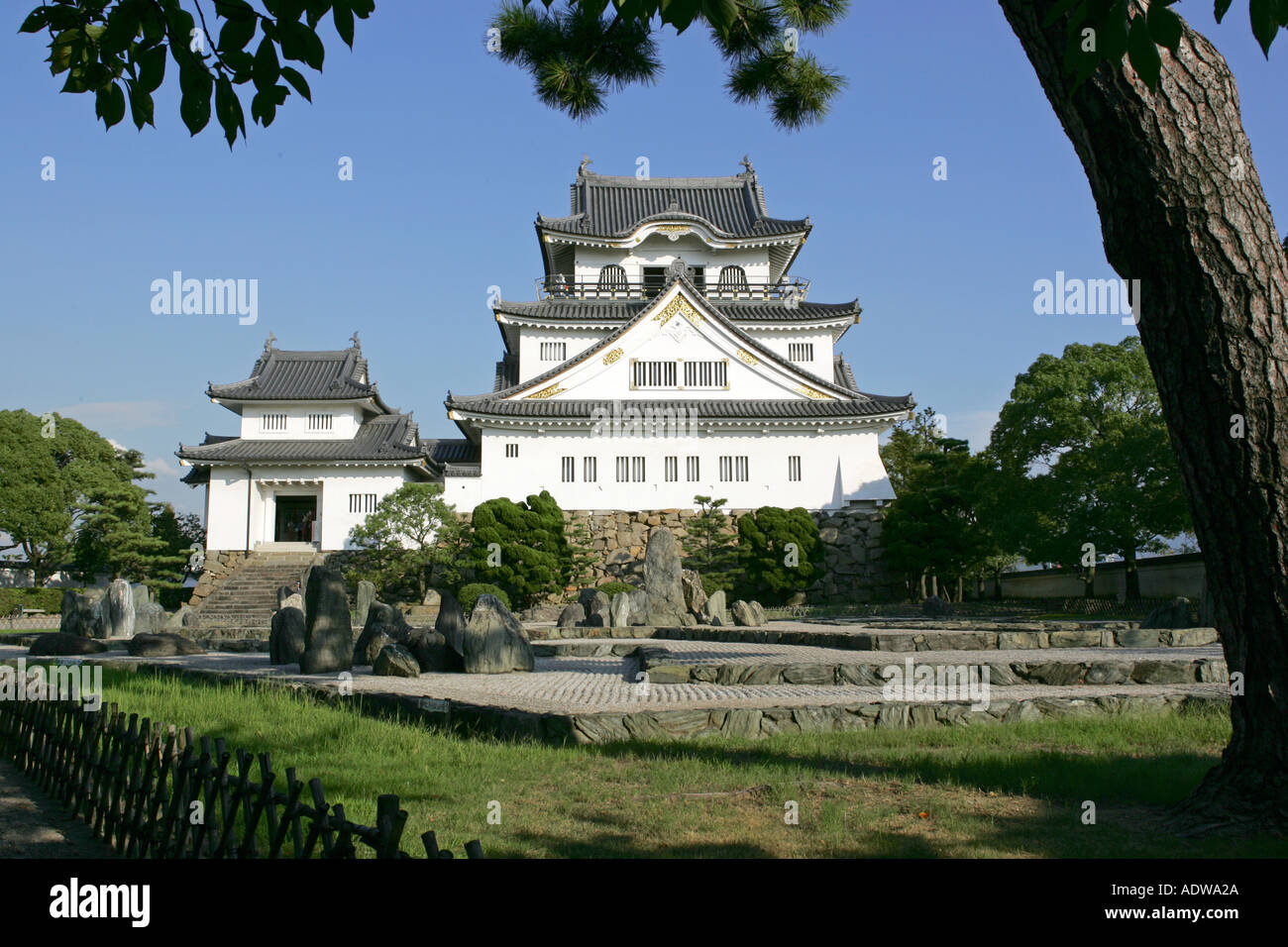 Kishiwada Jo castle framed by a tree Kishiwada city Osaka Japan Asia Stock Photo