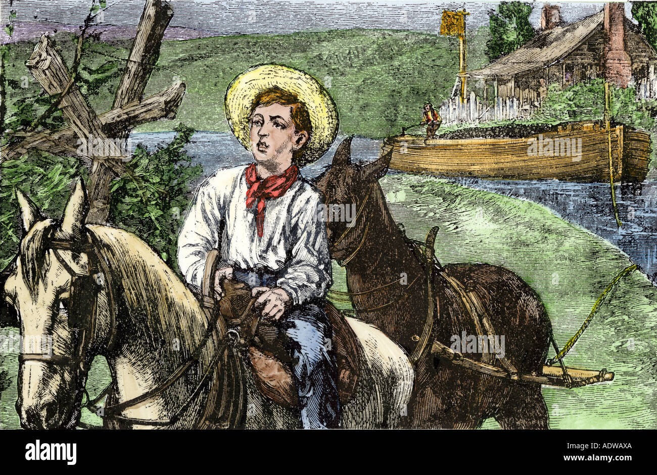 James A Garfield as a boy working as a mule rider towing a canal boat in Ohio. Hand-colored woodcut Stock Photo