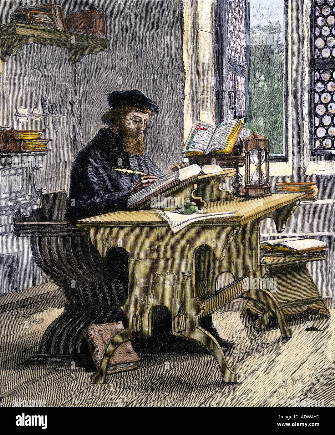 John Wycliffe translating the Bible into English 1300s. Hand-colored woodcut Stock Photo