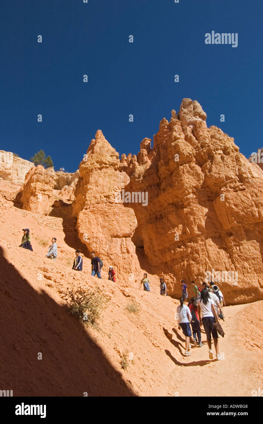 Utah Bryce Canyon National Park group of school children climbing switchbacks on Wall Street Trail Stock Photo