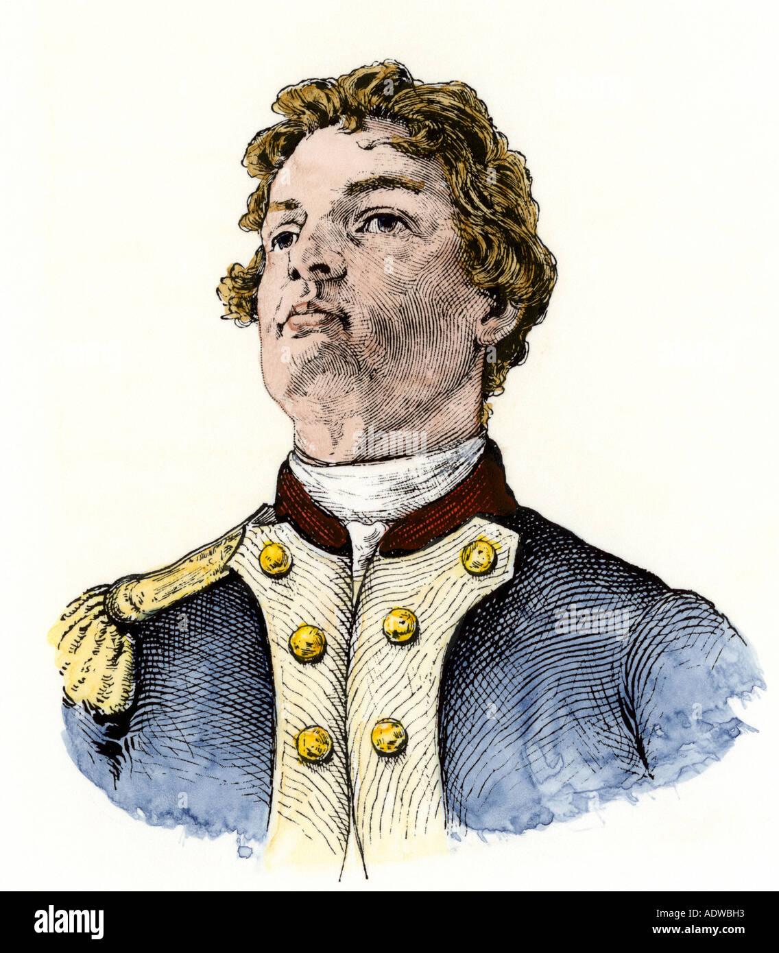 Captain Nathan Hale who said I regret I have but one life to give for my country when hanged by the British as a spy. Hand-colored woodcut Stock Photo