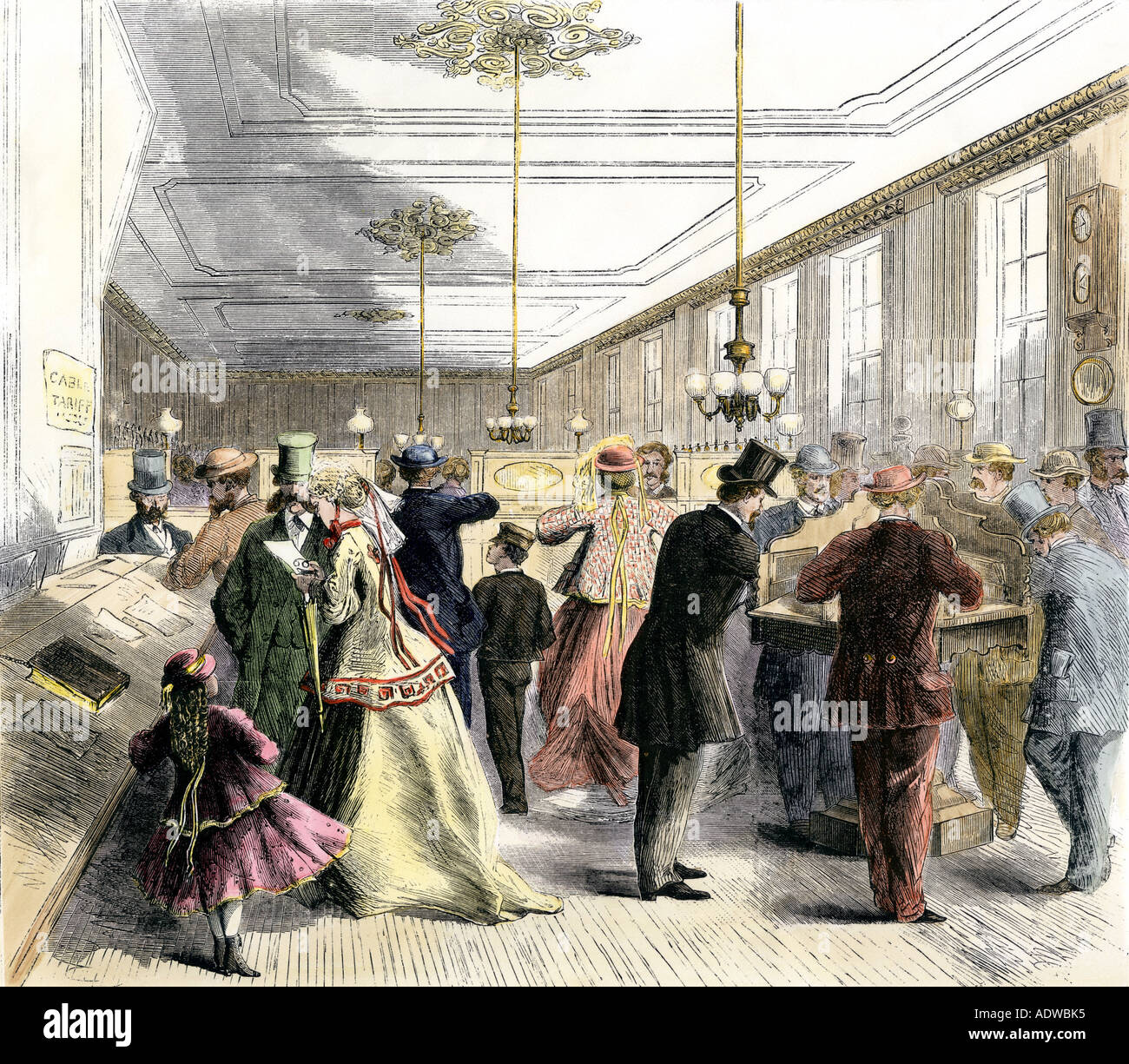 People sending wires at an American Telegraph Company office 1860s Broadway and Liberty St NY City. Hand-colored woodcut Stock Photo