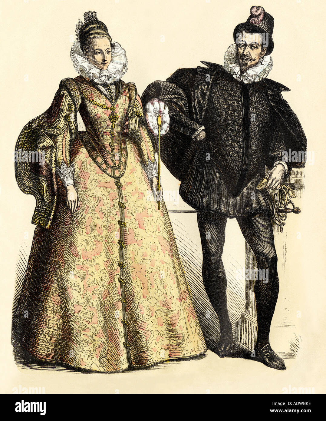 Spanish nobility of the mid 1500s. Hand-colored print Stock Photo
