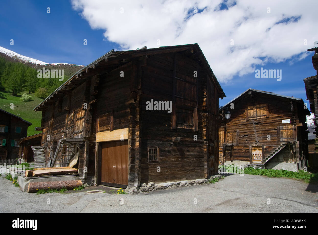 Wooden Heritage Houses of Ulrichen, Goms valley, upper Wallis, Switzerland Stock Photo