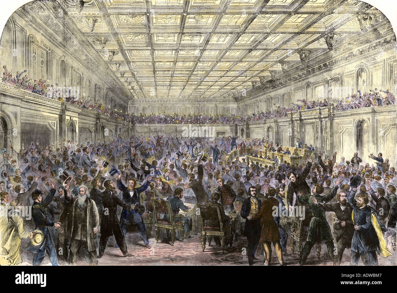 Celebration of the enactment of the 13th Amendment in the House of Representatives ending slavery 1865. Hand-colored woodcut Stock Photo