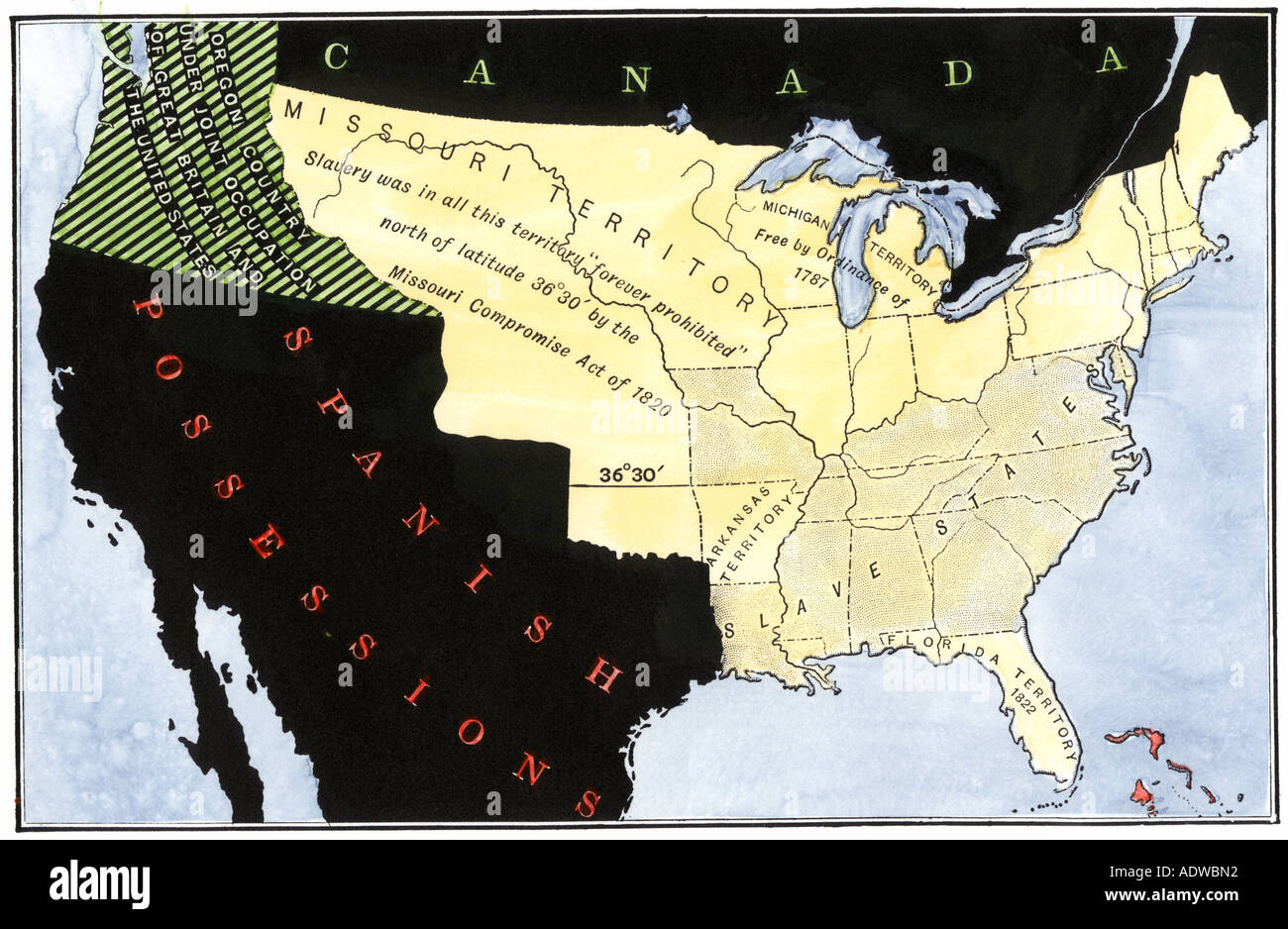 United States map showing extension of slavery resulting from the Missouri Compromise Act in 1820. Hand-colored woodcut Stock Photo