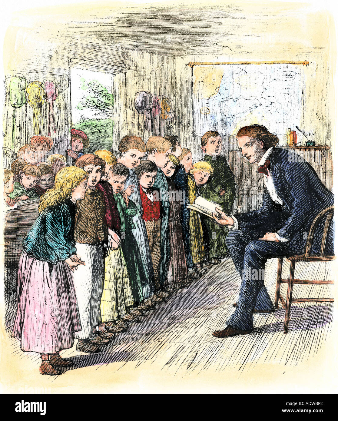 Pupils reciting poetry in a one-room school, 1800s. Hand-colored woodcut Stock Photo