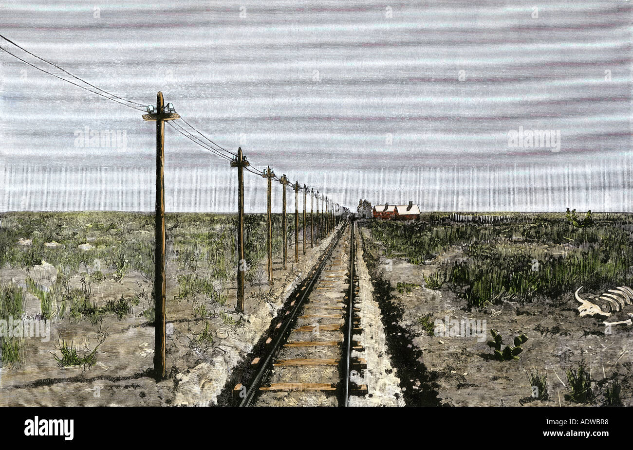 Transcontinental railroad station on the Great Plains 1800s. Hand-colored woodcut Stock Photo