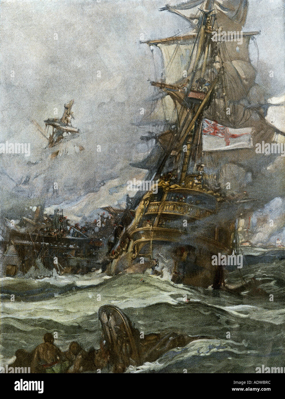 British ship HMS Brunswick in battle with French navy off the coast of Brittany late 1700s. Color halftone of an illustration Stock Photo