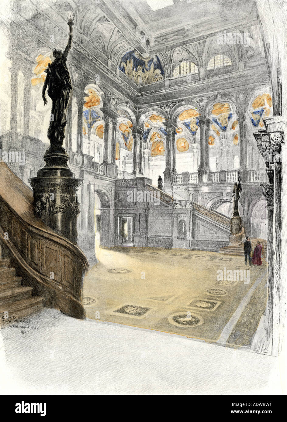 Main hall and grand stairway of the new Library of Congress building 1890s. Hand-colored woodcut Stock Photo