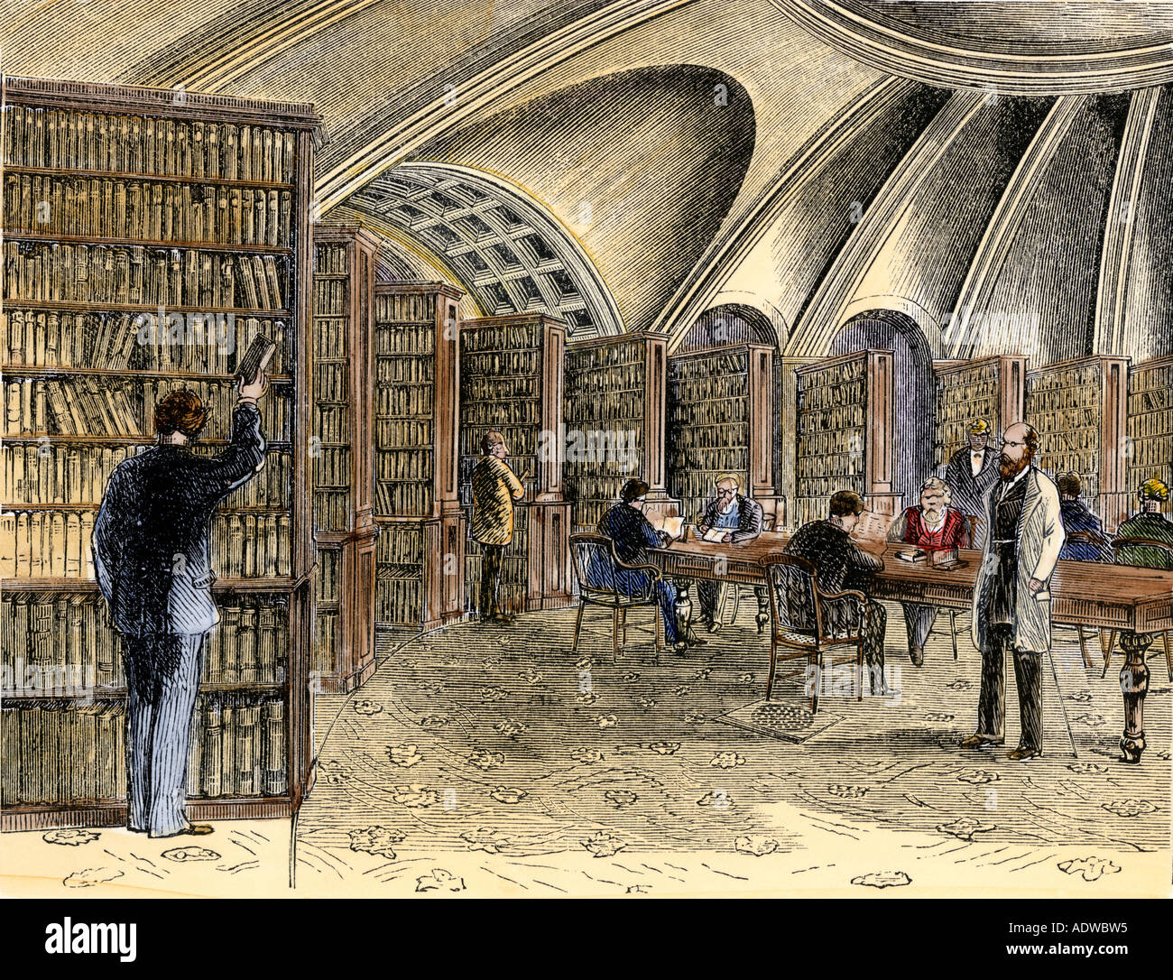 Law library in the Library of Congress 1870s. Hand-colored woodcut Stock Photo