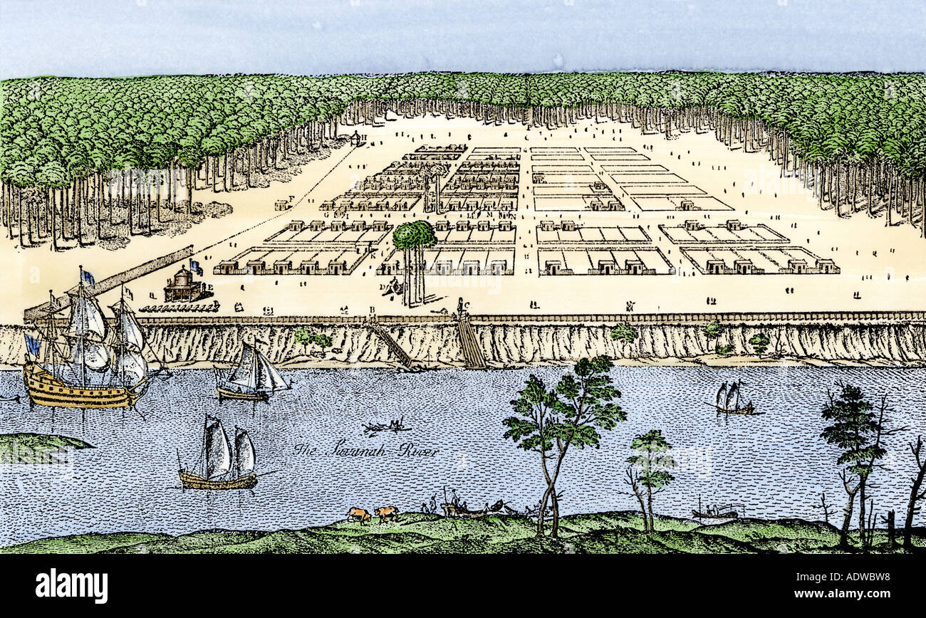 Early Savannah as established by James Oglethorpe in 1741. Hand-colored woodcut Stock Photo