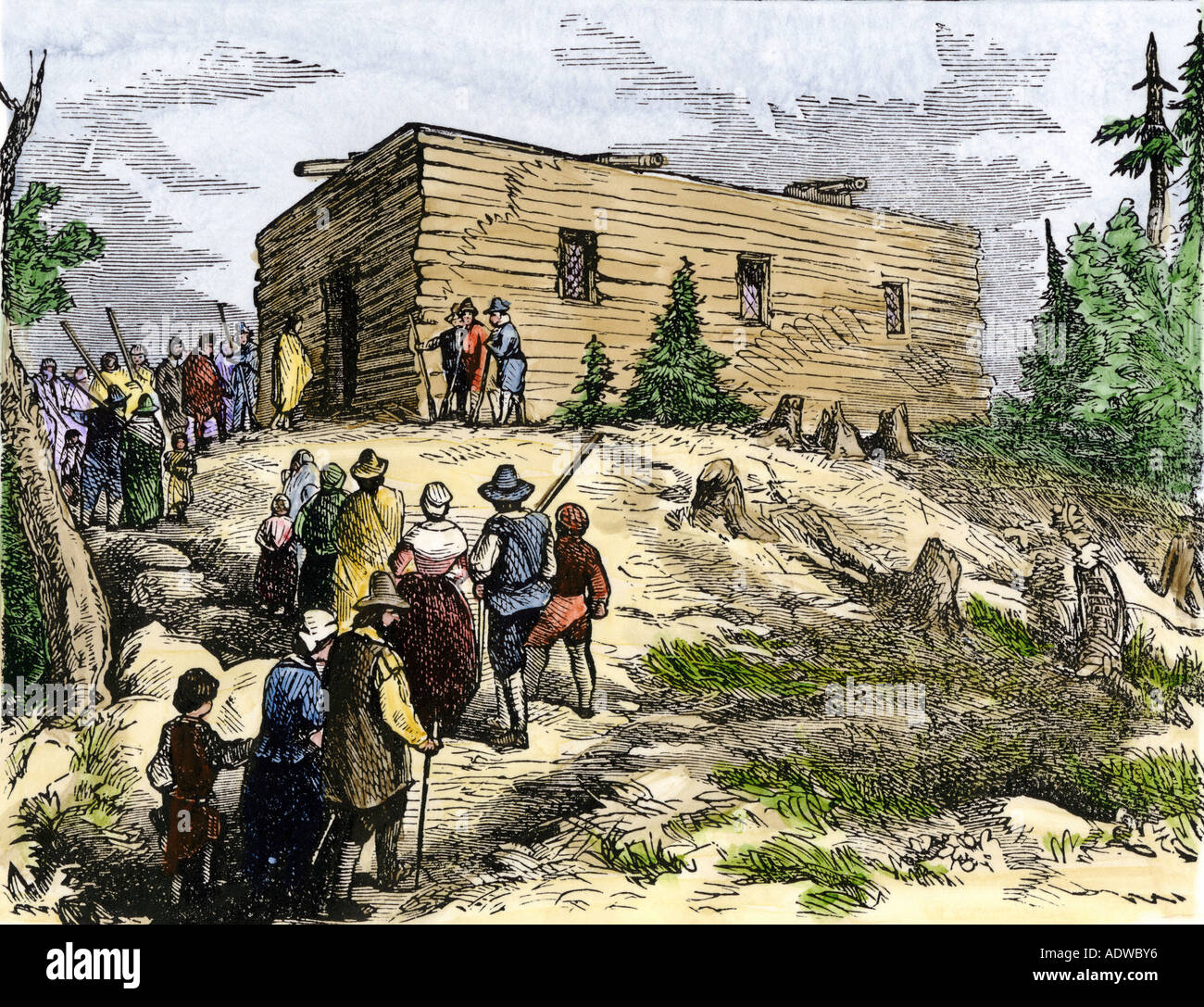 Pilgrims going to worship at the first church in New England Plymouth Colony 1620s. Hand-colored woodcut Stock Photo
