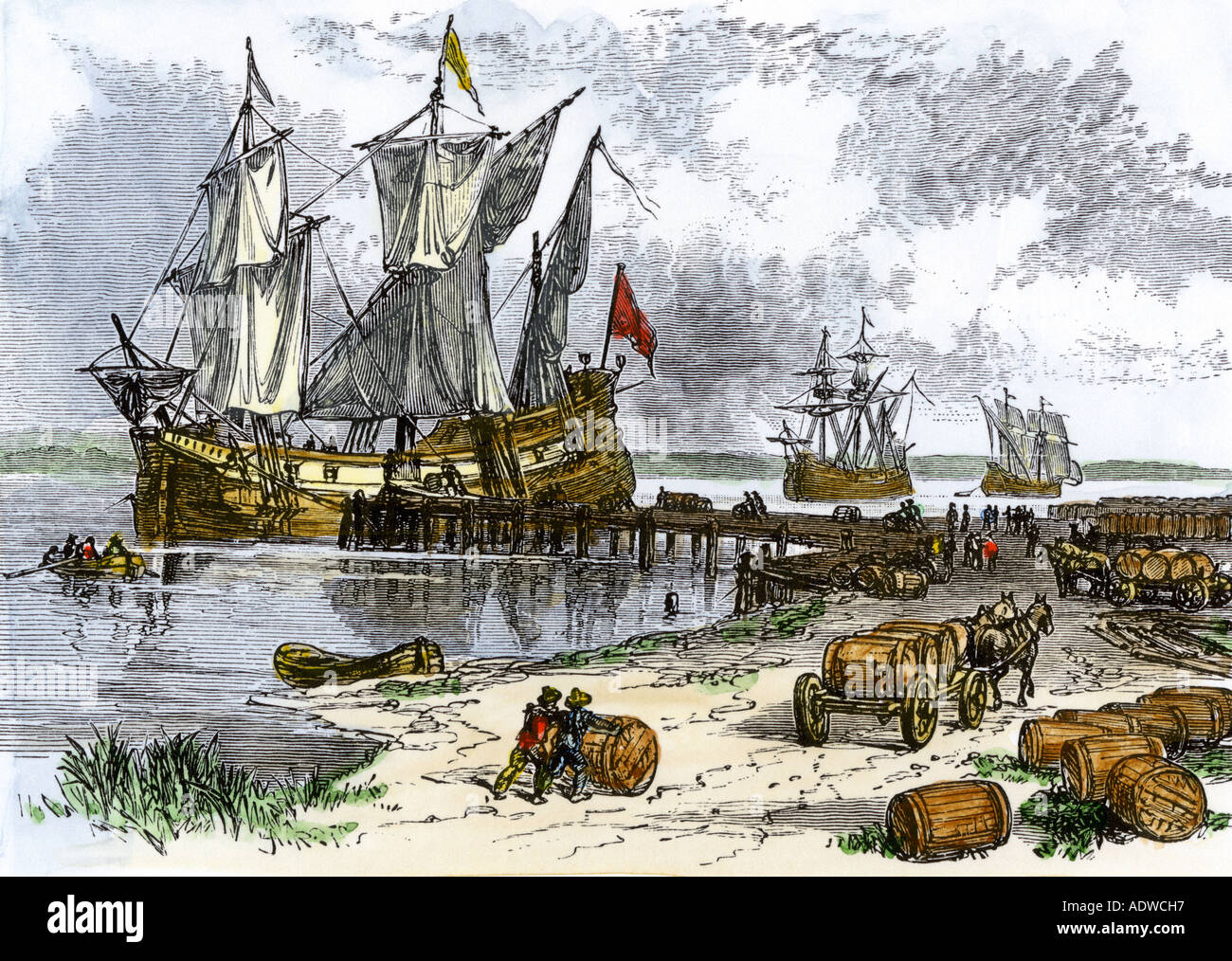 Sailing ships loading tobacco at Jamestown in Virginia Colony 1600s. Hand-colored woodcut Stock Photo
