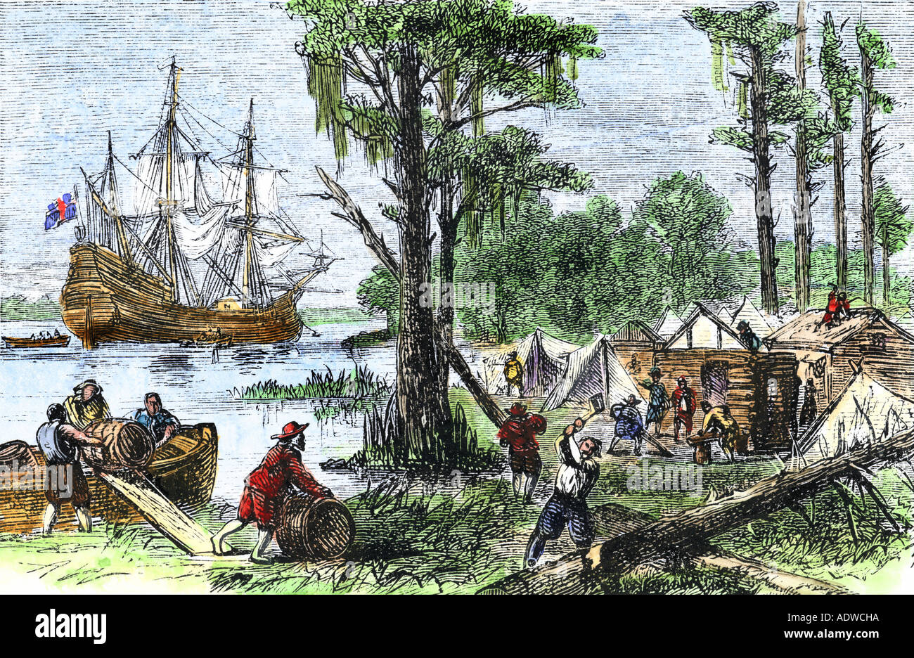 Arrival of colonists at Jamestown in Virginia Colony 1607. Hand-colored woodcut Stock Photo